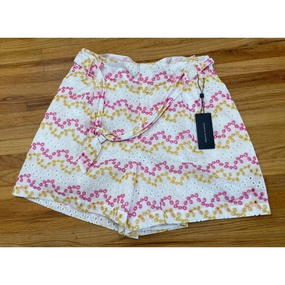 Tommy Hilfiger Women's Short Bermuda Matching Belt Eyelet Cotton 10 White Print
